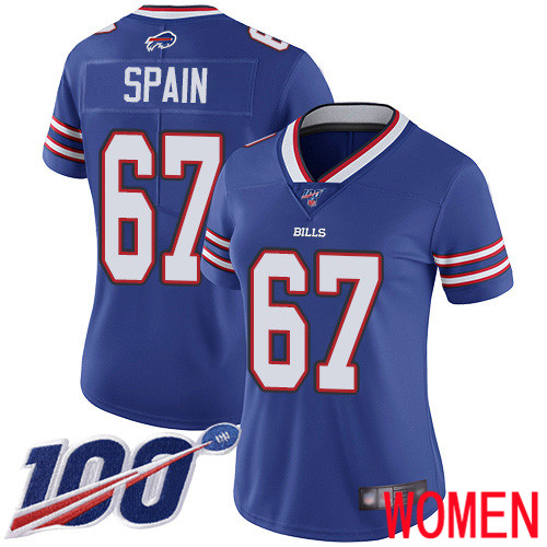 Women Buffalo Bills #67 Quinton Spain Royal Blue Team Color Vapor Untouchable Limited Player 100th Season NFL Jersey